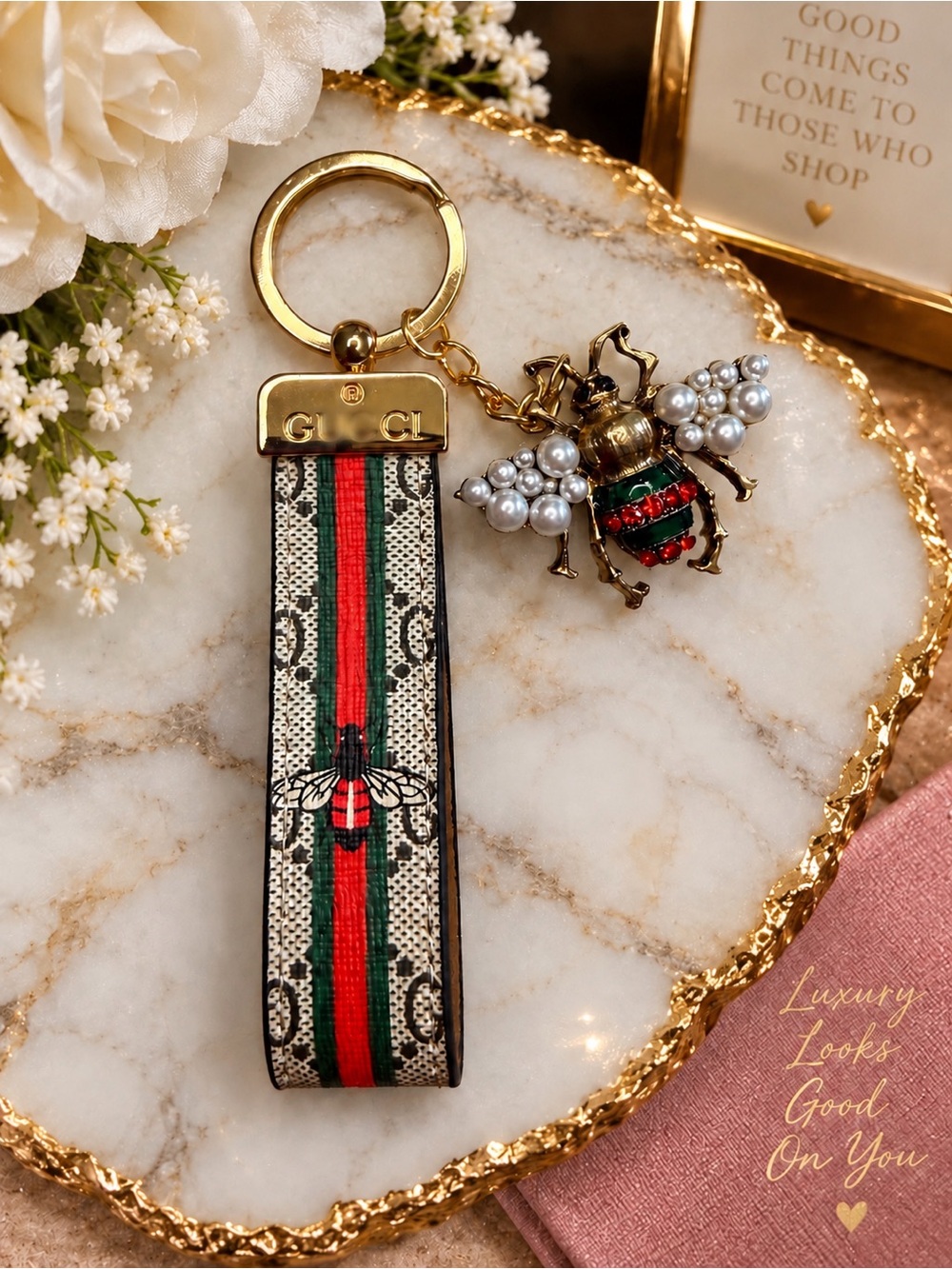 Handcrafted Upcycled Bee Keychain Bag Charm Red Green Stripe